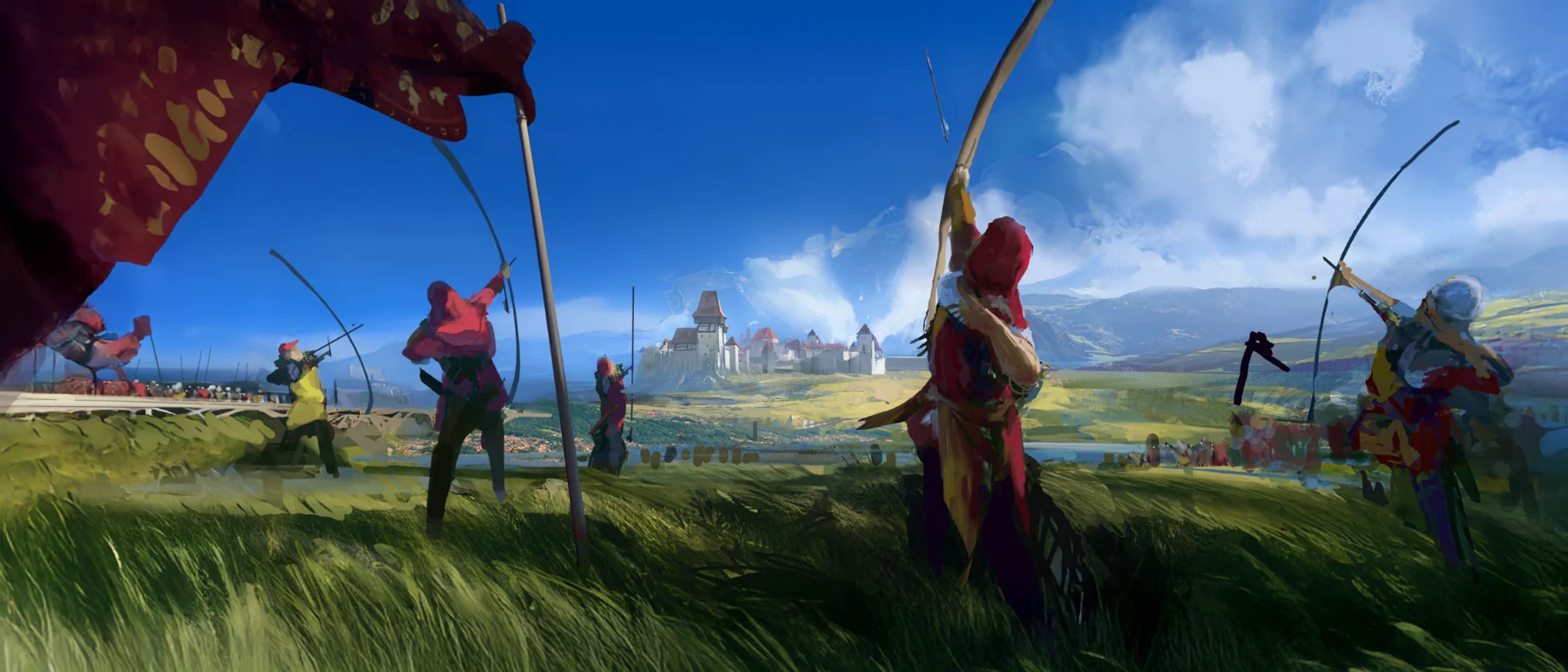 Color study with archers facing a distant town