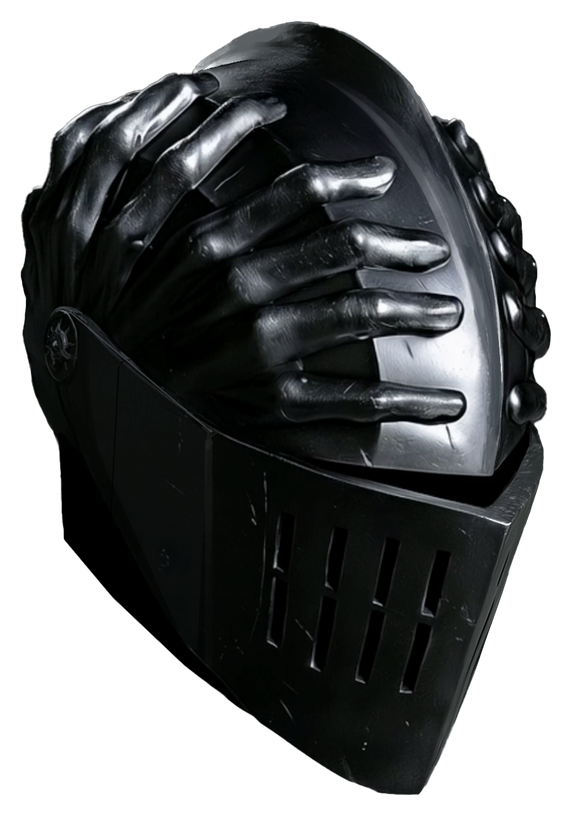 Three-quarter view of a dark helmet covered by sculpted hands